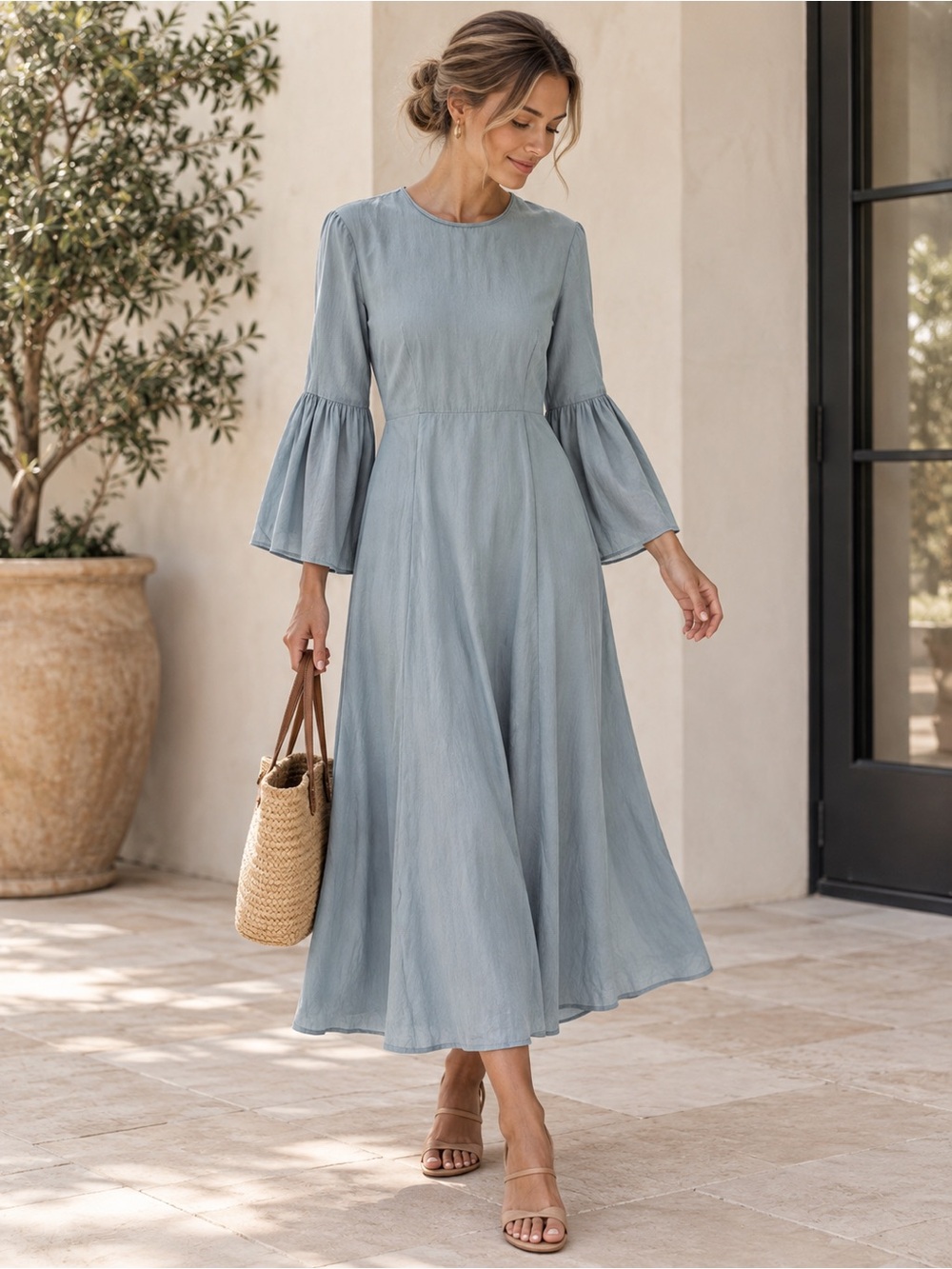 Doen Powder Blue Maxi Dress with Bell Sleeves